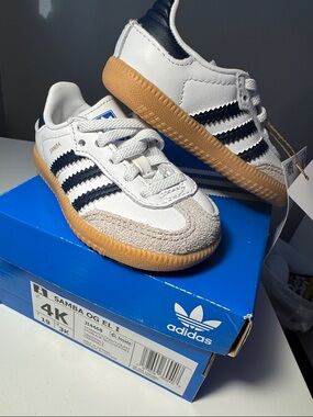 Adidas Kids Samba OG Leather Sneakers in White, Black & Gum Limited Drop